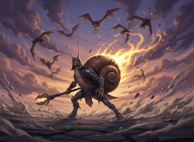 A dramatic fantasy story illustration continuing the same painterly graphic-novel style: Snailesh, an anthropomorphic snail warrior, stands on an ash-covered plain as a radiant golden magical Spark flares inside his shell and illuminates his determined face. Several bat-like Betalas circle above him, caught in the glowing wind. Twilight sky, violet clouds, amber magical light, dynamic swirling dust, cinematic composition, no text, no lettering.