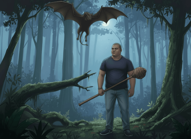 Edit the existing image at the provided URL. Preserve the image exactly: keep Snailesh, his appearance, pose, clothing, the airborne boar-headed Betala, its anatomy, the rainforest twilight setting, lighting, composition, and the mace angle unchanged. Make only one change: shorten the mace handle so the handle is approximately three-quarters of its current length. Restore and preserve the original large gada head exactly as it appears now. Ensure the mace remains correctly gripped in Snailesh's right hand and follows the same angle. Do not alter any other element.