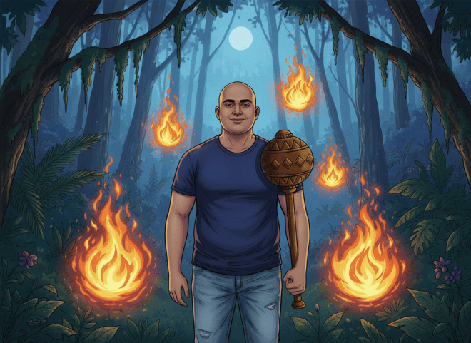 Use the provided original reference image exactly as the base. Preserve Snailesh's body, face, clothing, anatomy, both arms, both fists, posture, rainforest setting, twilight lighting, Kolli devvas, composition, and every other detail exactly as shown. Make only one change: place the existing large-headed Hindu-mythology gada/mace into Snailesh's existing right fist, with the mace correctly aligned and naturally held. Do not add, remove, alter, or redraw either arm or hand. Do not create any extra limbs or floating fists. The gada should have the same large mace head and established design from the previous image.