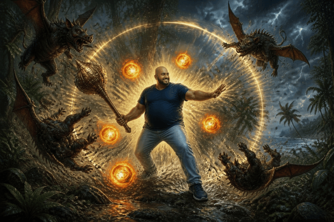 Use the provided image as the exact visual reference. Remove both the beard and mustache from Snailesh's face, leaving his face clean-shaven. Preserve everything else exactly: Snailesh's appearance, expression, gada, Kolli devvas, Betalas, forest, lighting, action, composition, colors, and all other details. Do not add any facial hair.