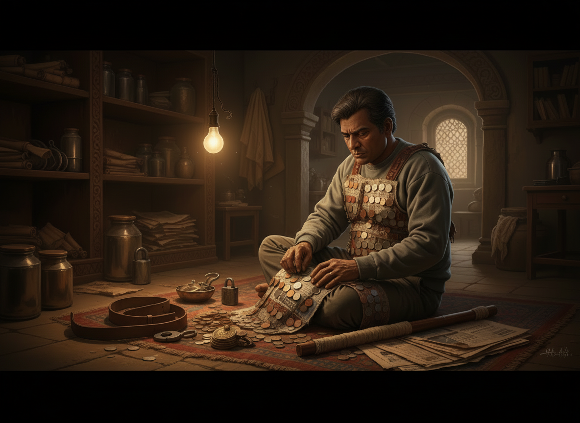Keep the existing composition, setting, clothing, coin armor, pose, lighting, and cinematic storybook style exactly the same. Change only Savkaara's appearance: make his skin noticeably darker and make him clean-shaven, with no beard or moustache. Preserve all other visual details.