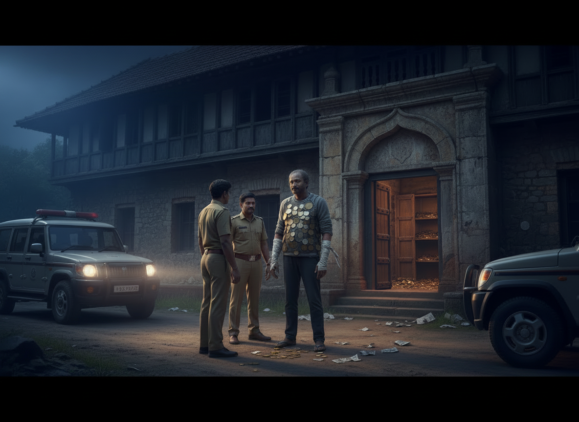 Savkaara stepping out of his ancestral home to greet arriving police officers after the intruders fled at the sound of approaching sirens