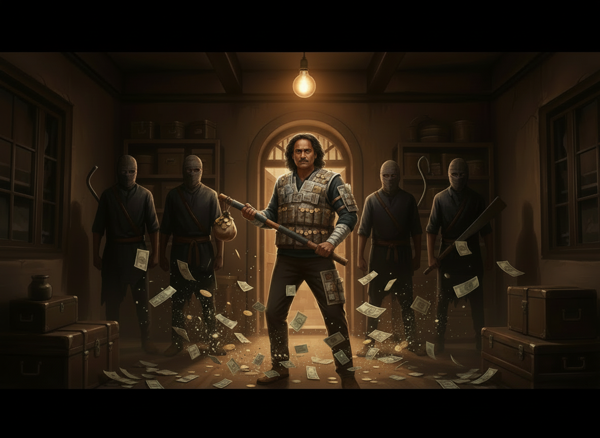 Edit this existing image while preserving the exact composition, setting, clothing, coin armor, pose, intruders, action, lighting, camera angle, and cinematic storybook style. Change Savkaara only: keep him clean-shaven with no beard or moustache, but give him a full head of natural dark hair. He must not be bald or visibly thinning. Preserve every other visual detail.
